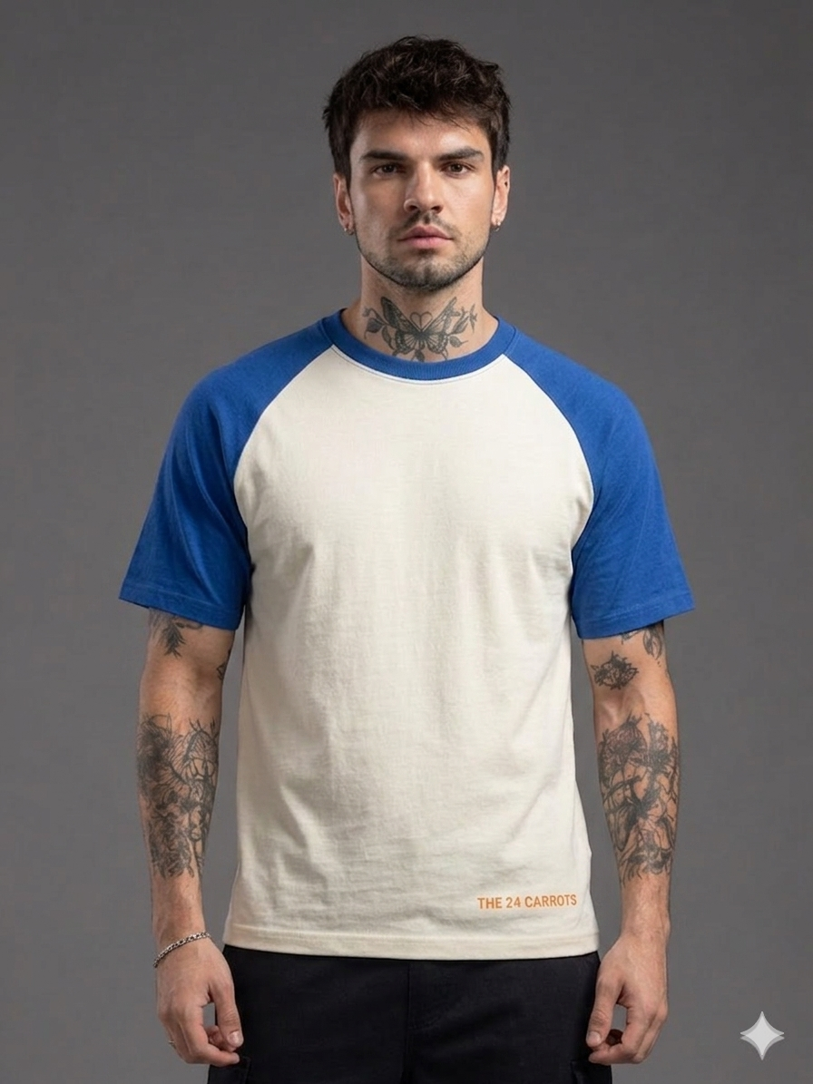 Man wearing blue raglan oversized t-shirt front view