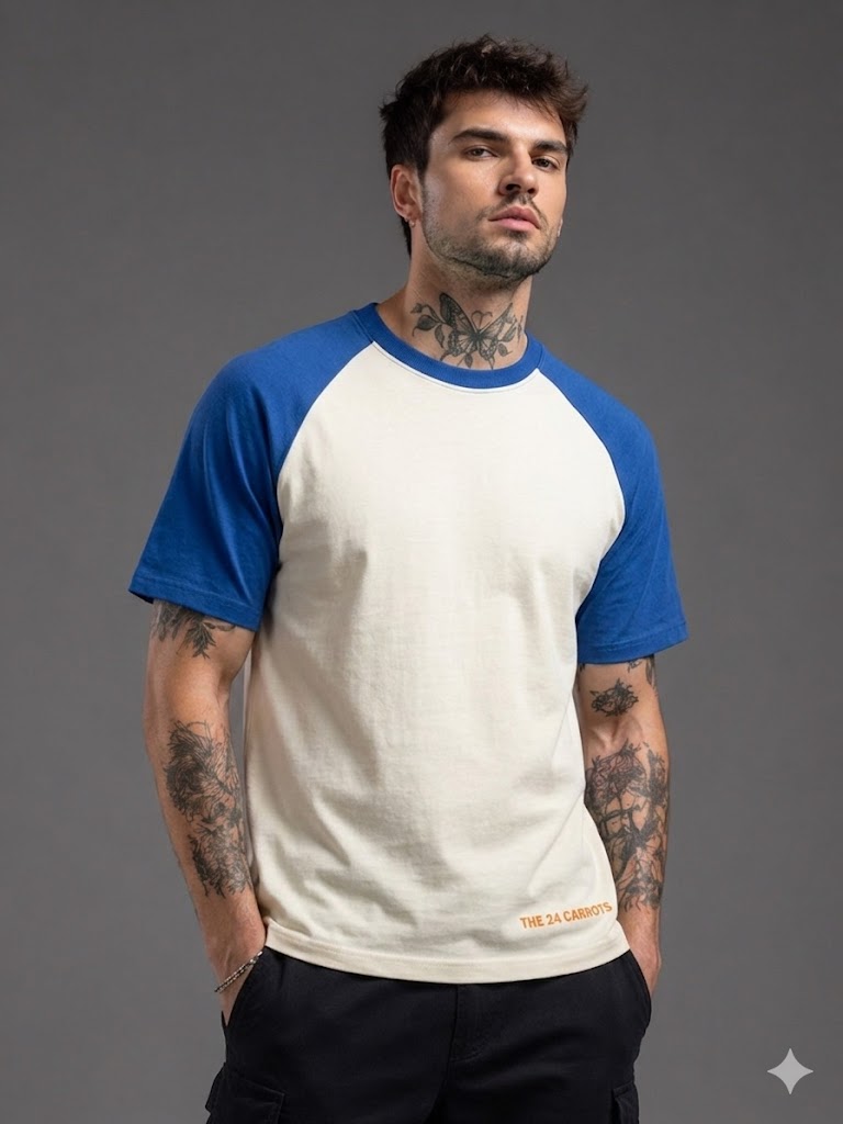 Man wearing blue raglan oversized t-shirt side view