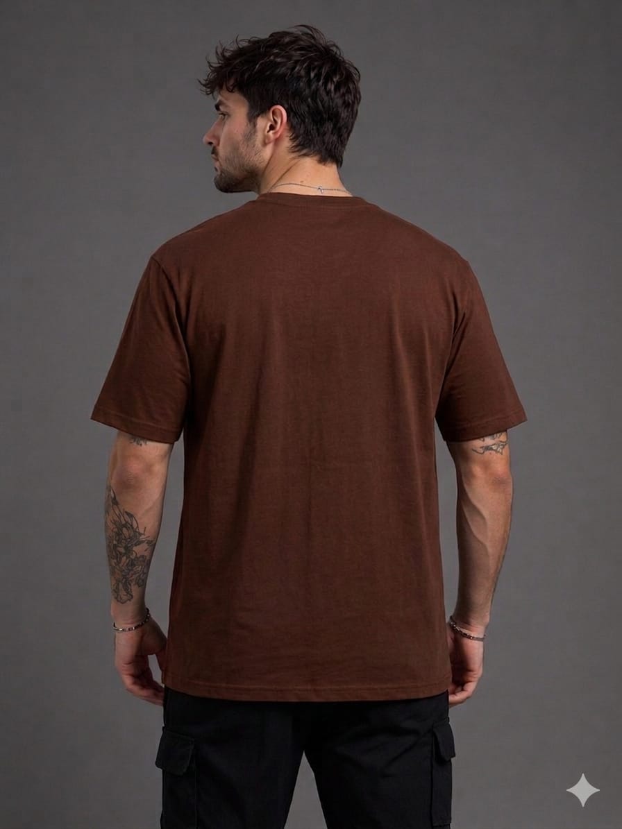 Man wearing brown oversized cotton t-shirt back view