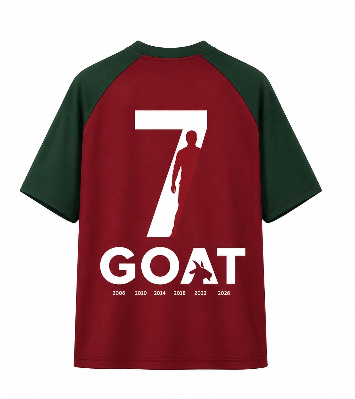 CR7 GOAT oversized maroon and green football t-shirt back view