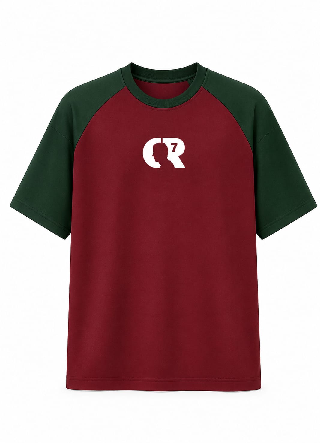 CR7 GOAT oversized maroon and green football t-shirt front view