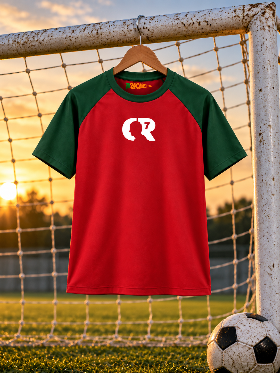 CR7 GOAT – Unisex Oversized Football T-Shirt – Maroon & Green | The 24 Carrots