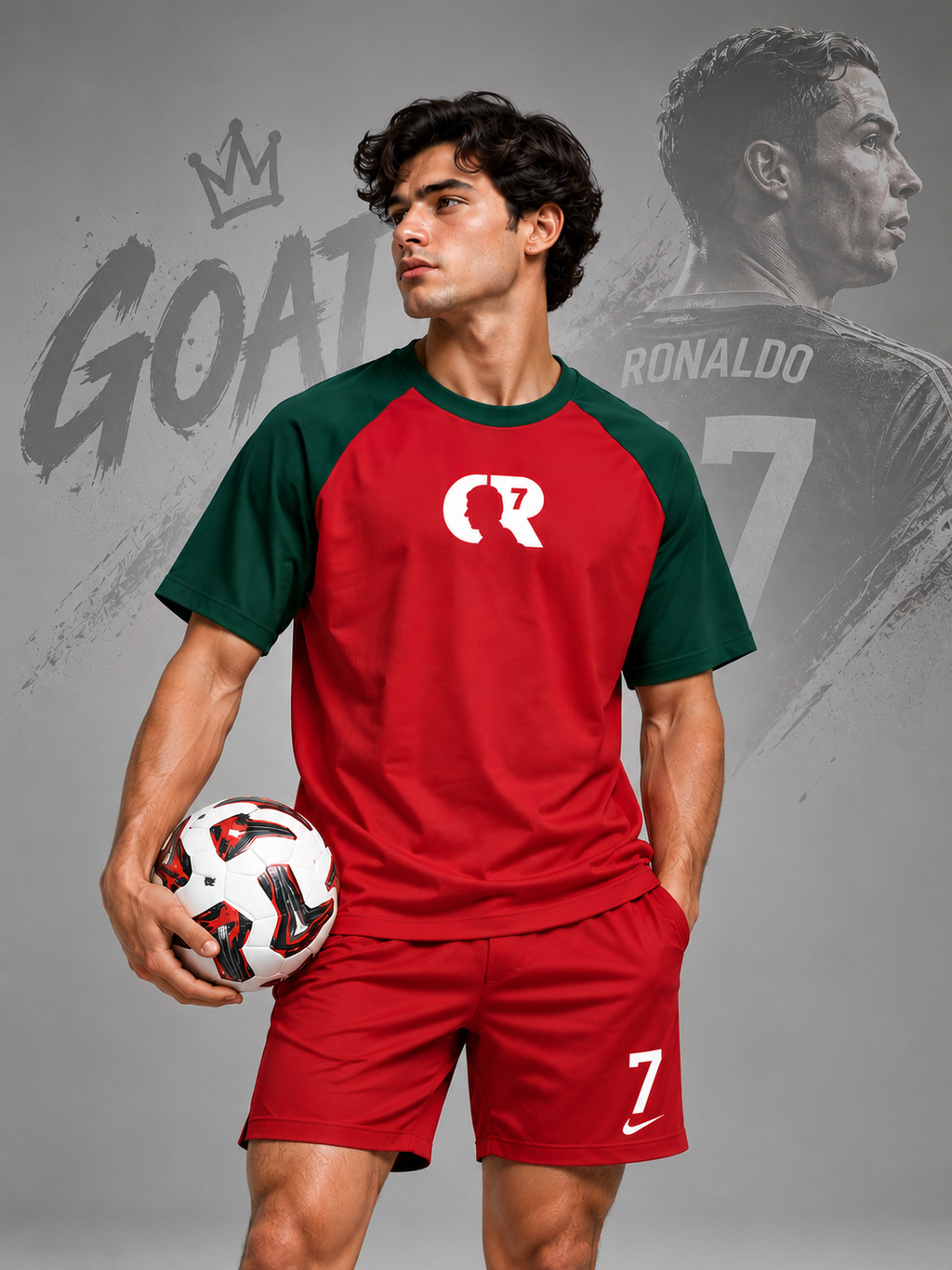 CR7 GOAT – Unisex Oversized Football T-Shirt – Maroon & Green | The 24 Carrots