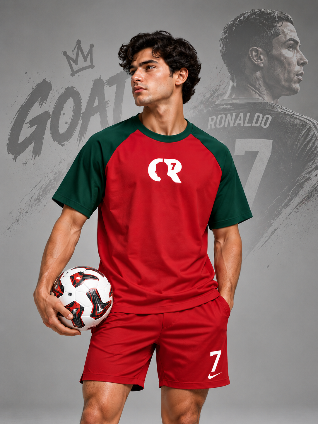 CR7 GOAT – Unisex Oversized Football T-Shirt – Maroon & Green | The 24 Carrots