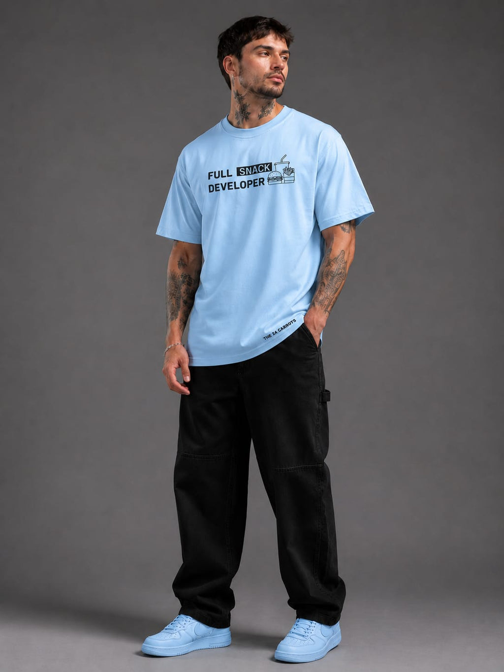 Man wearing Full Snack Developer oversized sky blue T-shirt front view