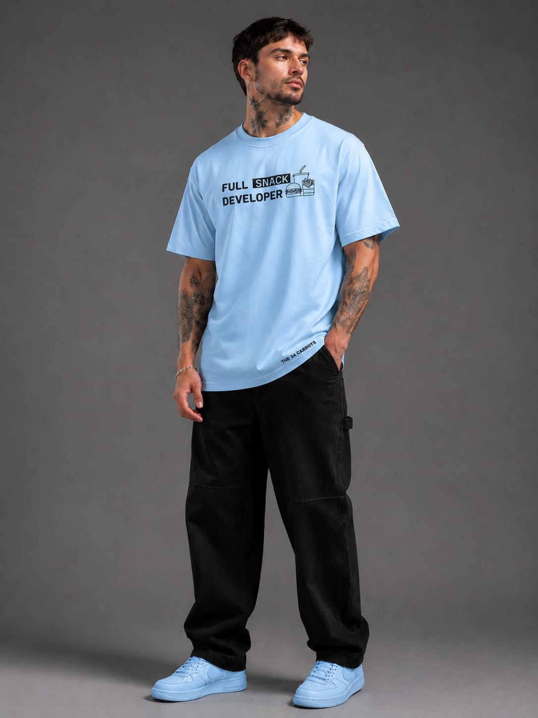 Man wearing Full Snack Developer oversized sky blue T-shirt front view