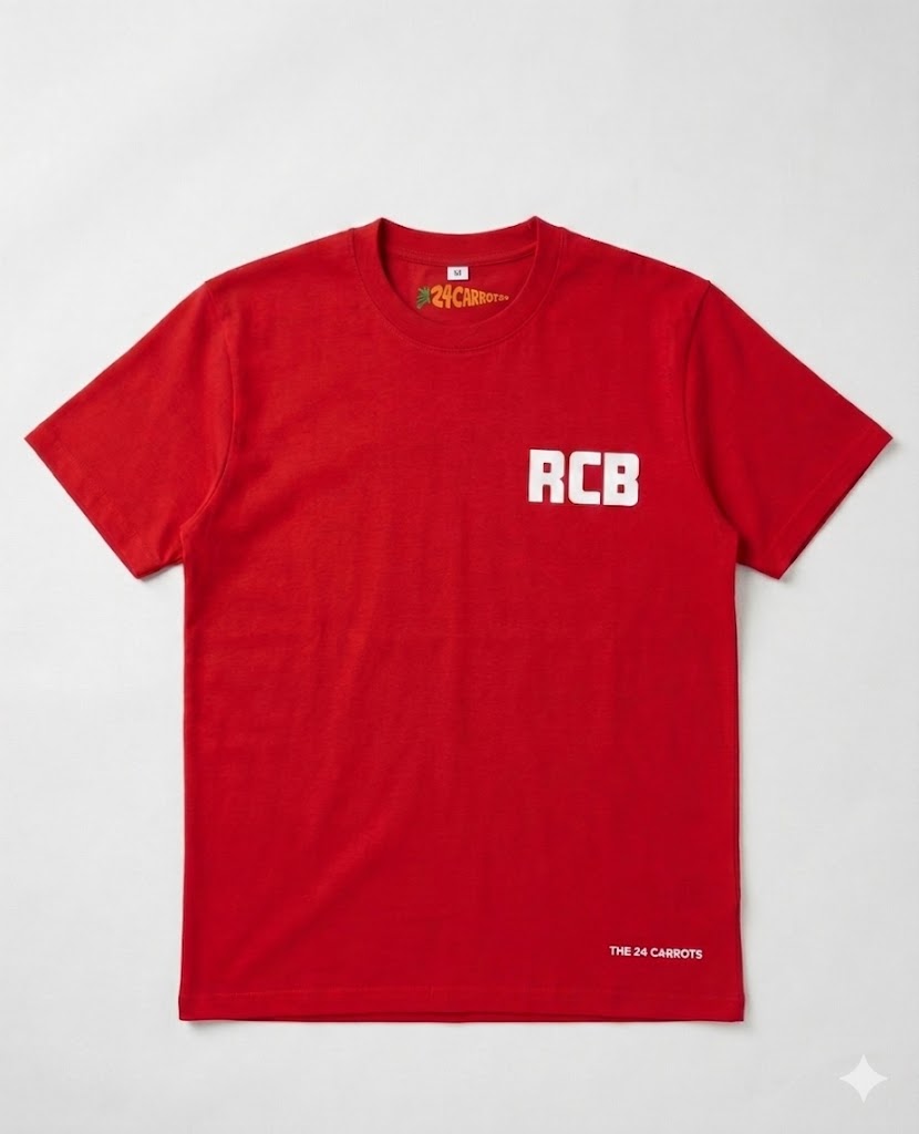 Red RCB oversized t-shirt front view flat lay by The 24 Carrots