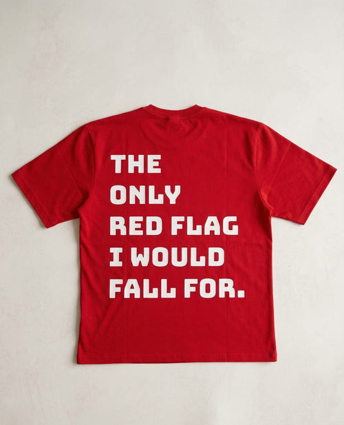 Red RCB oversized t-shirt front view flat lay by The 24 Carrots