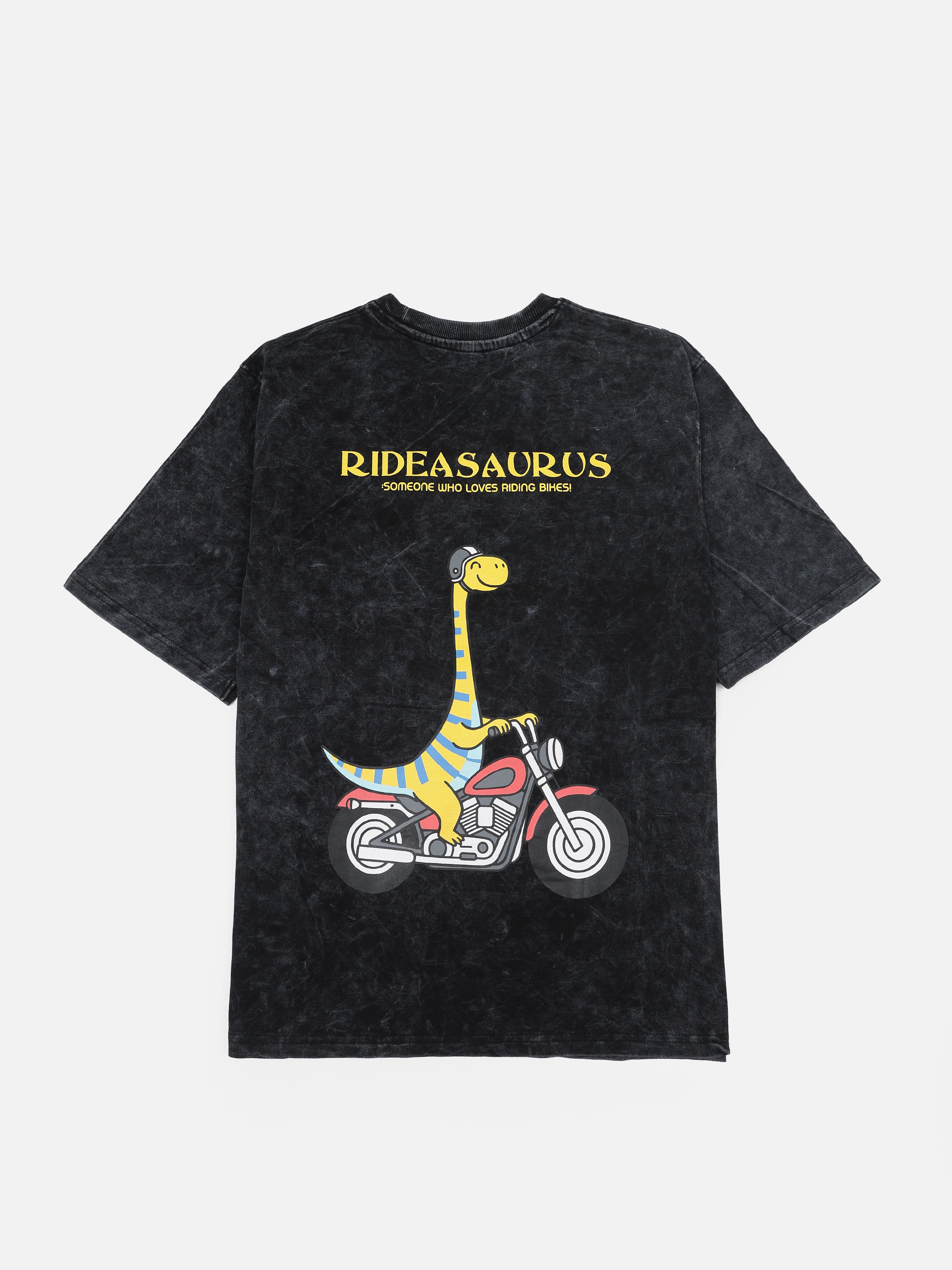 Rideasaurus biker t-shirt back view acid wash streetwear design