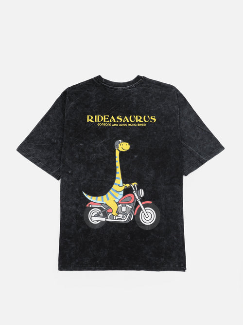 Rideasaurus biker t-shirt back view acid wash streetwear design