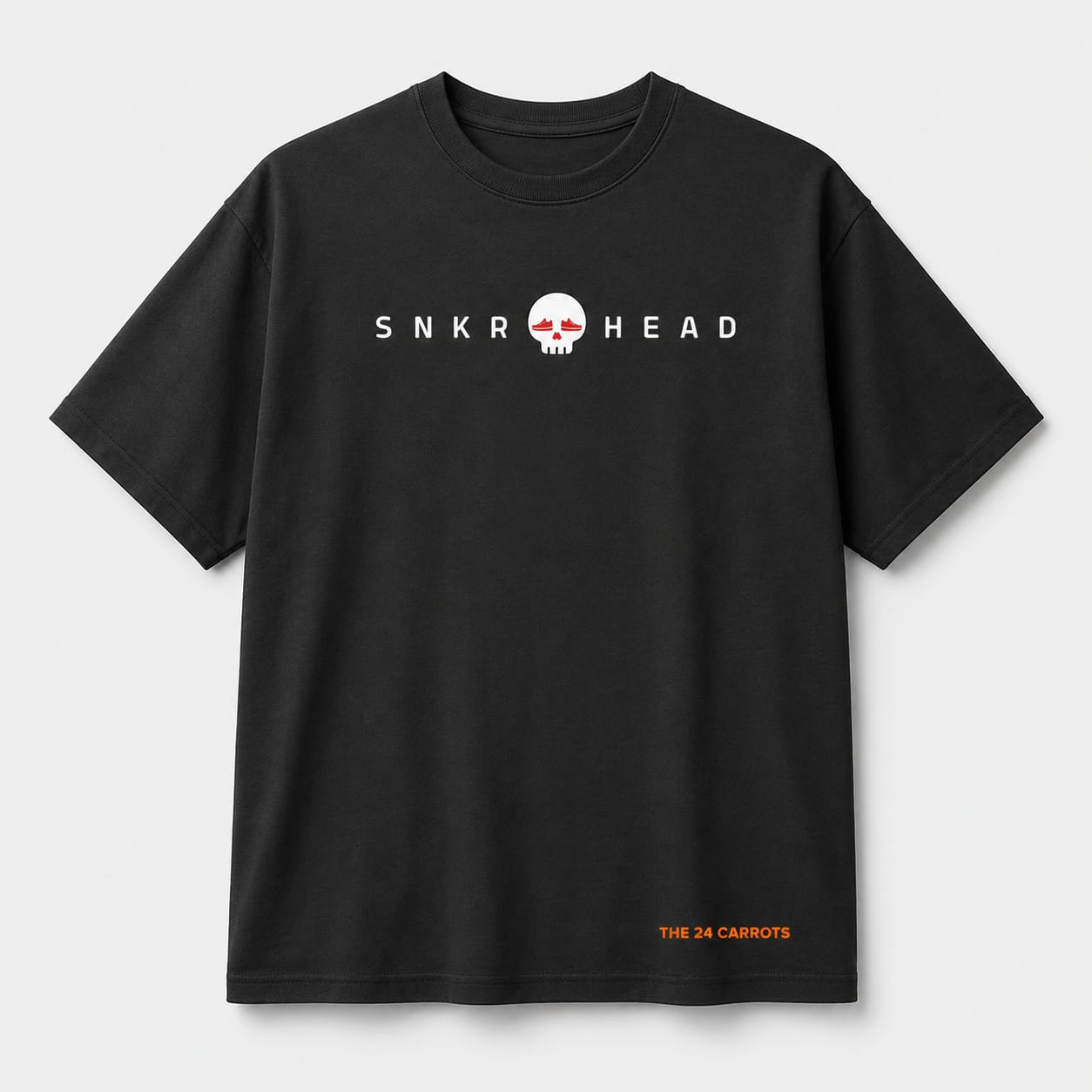 SNKR HEAD oversized off black t-shirt front view with minimal sneaker-inspired graphic by The 24 Carrots.